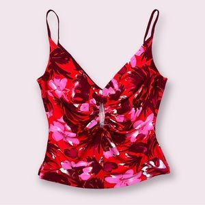 MODA INTERNATIONAL Vintage Y2K Red Pink Floral Tropical Ruched Keyhole Tank Top